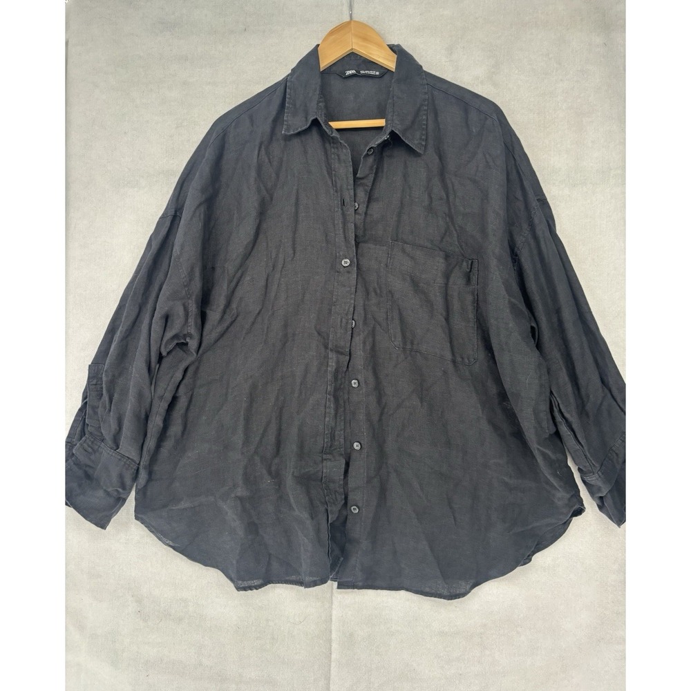 ZARA Womens 100% Linen Button Up Shirt Size L Black Coastal Boho Beach Resort